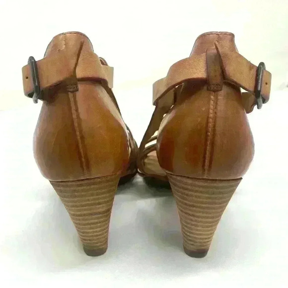 Paul Green christy leather Sandal Heeled ankle strappy Woven Tan Size US 9 EUC - Picture 6 of 9